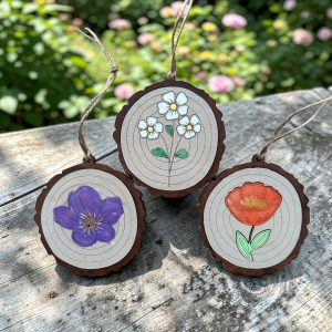 Hand Painted Maple Wood Ornament, Daisy Poppy Pansy Floral Art, Rustic Round Wall Decor