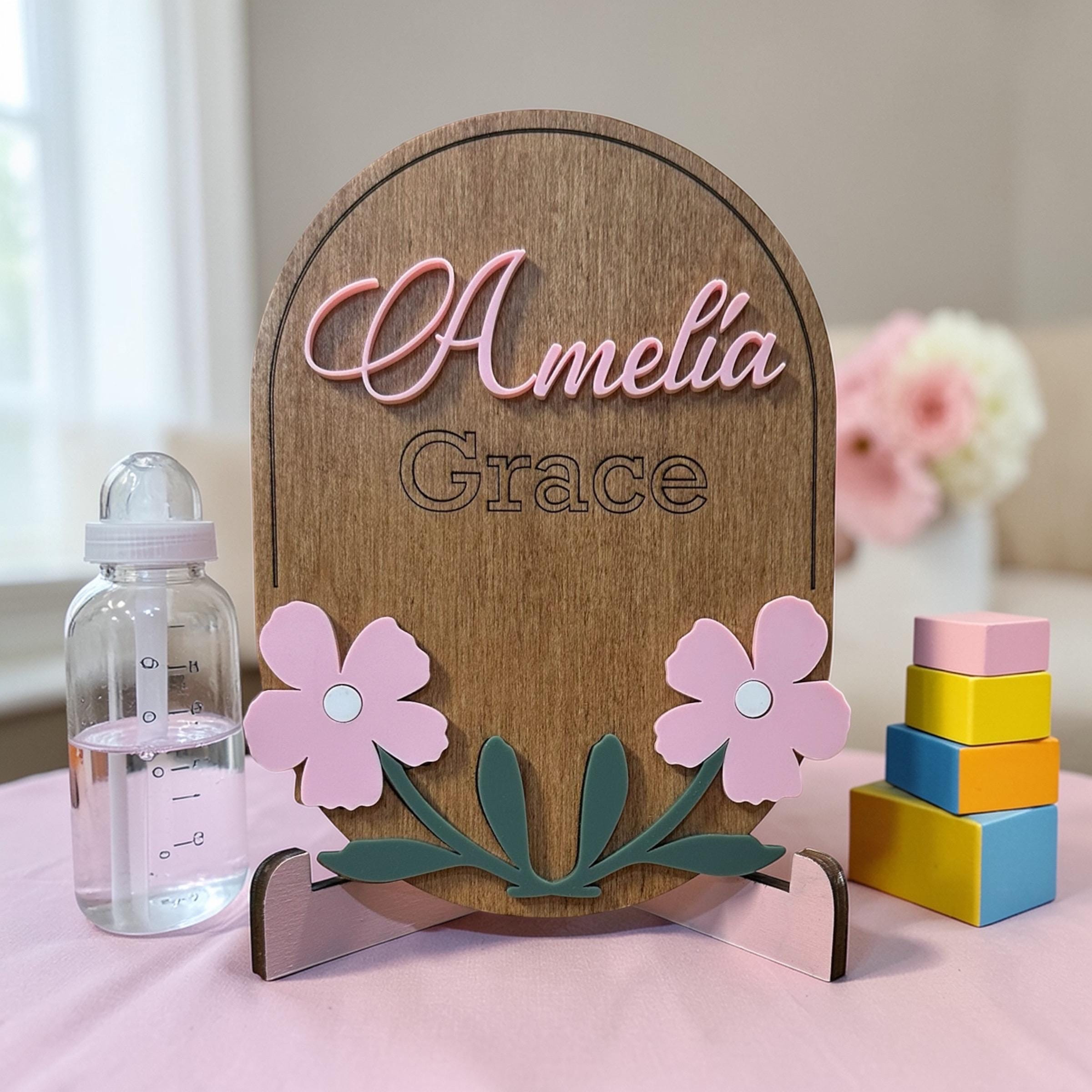 Personalized Floral Baby Name Sign | Maple Plywood Acrylic Plaque - Image 8