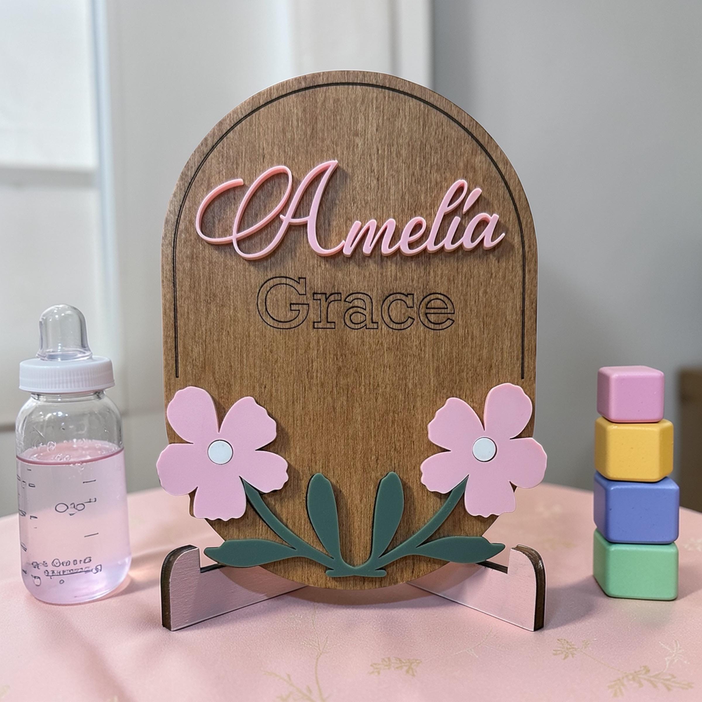 Personalized Floral Baby Name Sign | Maple Plywood Acrylic Plaque - Image 6
