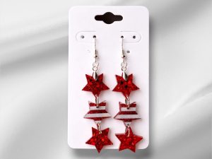 Patriotic Red Glitter Star Dangle Earrings, Patriotic Striped Accent, 4th of July USA Jewelry