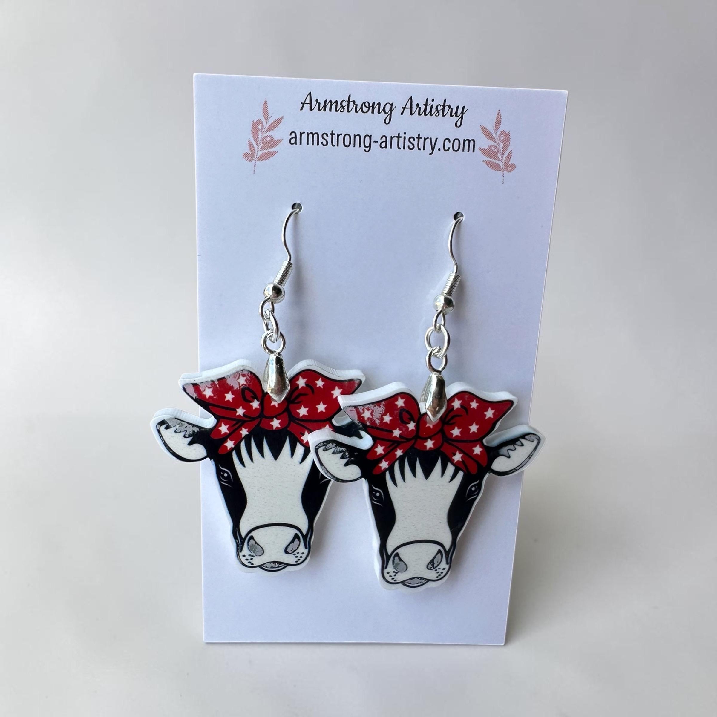 Western Cow Earrings, Red Bandana, Patriotic Farm Animal Jewelry, Acrylic Dangle - Image 4