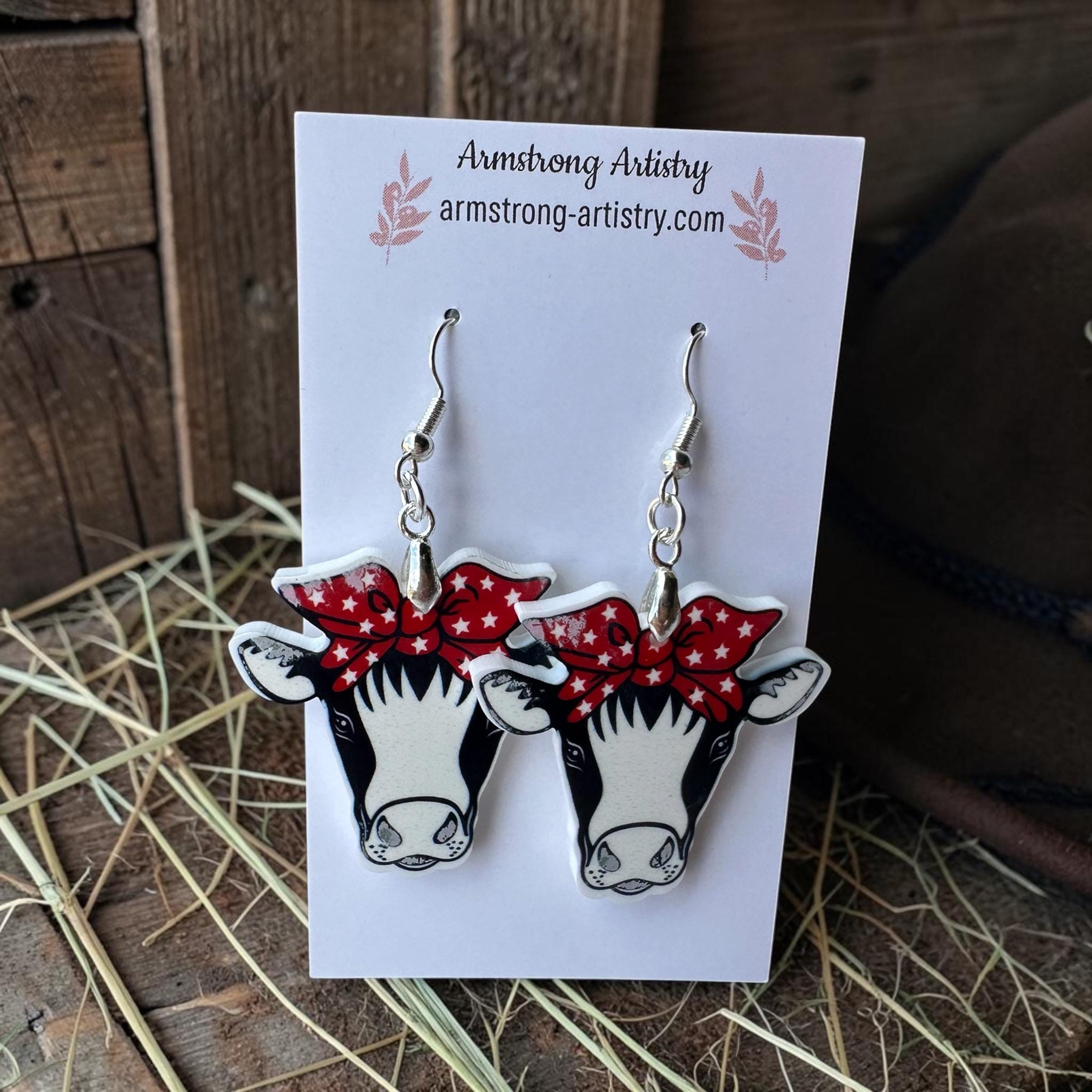 Western Cow Earrings, Red Bandana, Patriotic Farm Animal Jewelry, Acrylic Dangle - Image 6