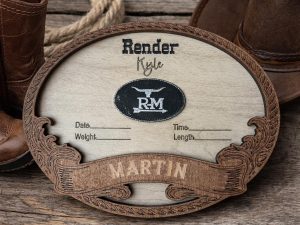 il_fullxfull.7913056209_m45a.jpg Custom Cattle Brand Birth Stat Plaque, Laser Engraved Maple Wood Leatherette, Western Nursery Decor