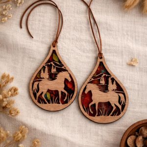 Walnut Plywood Suncatcher | Laser Cut Horse Scene Window Hanging | Rustic Decor