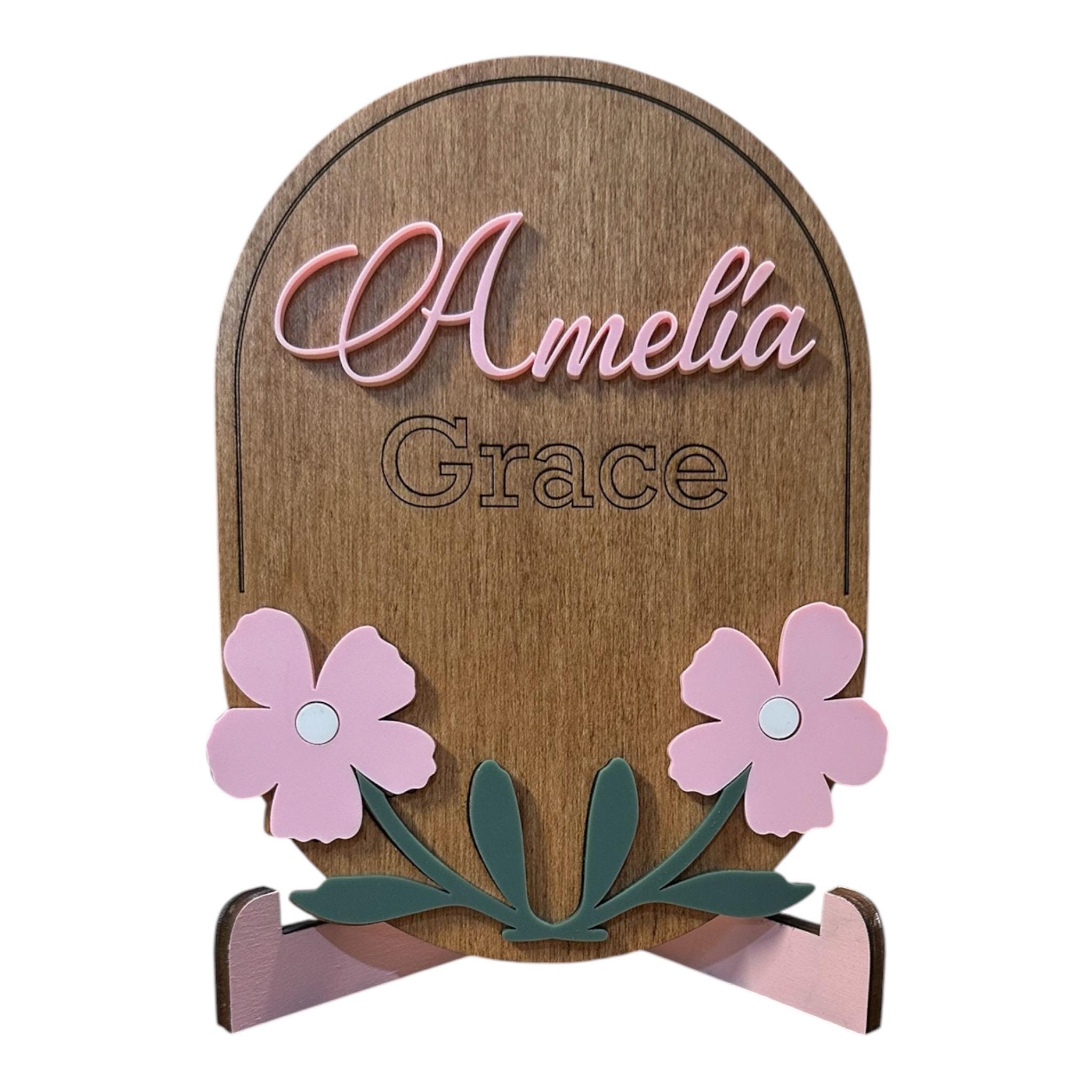 Personalized Floral Baby Name Sign | Maple Plywood Acrylic Plaque - Image 2