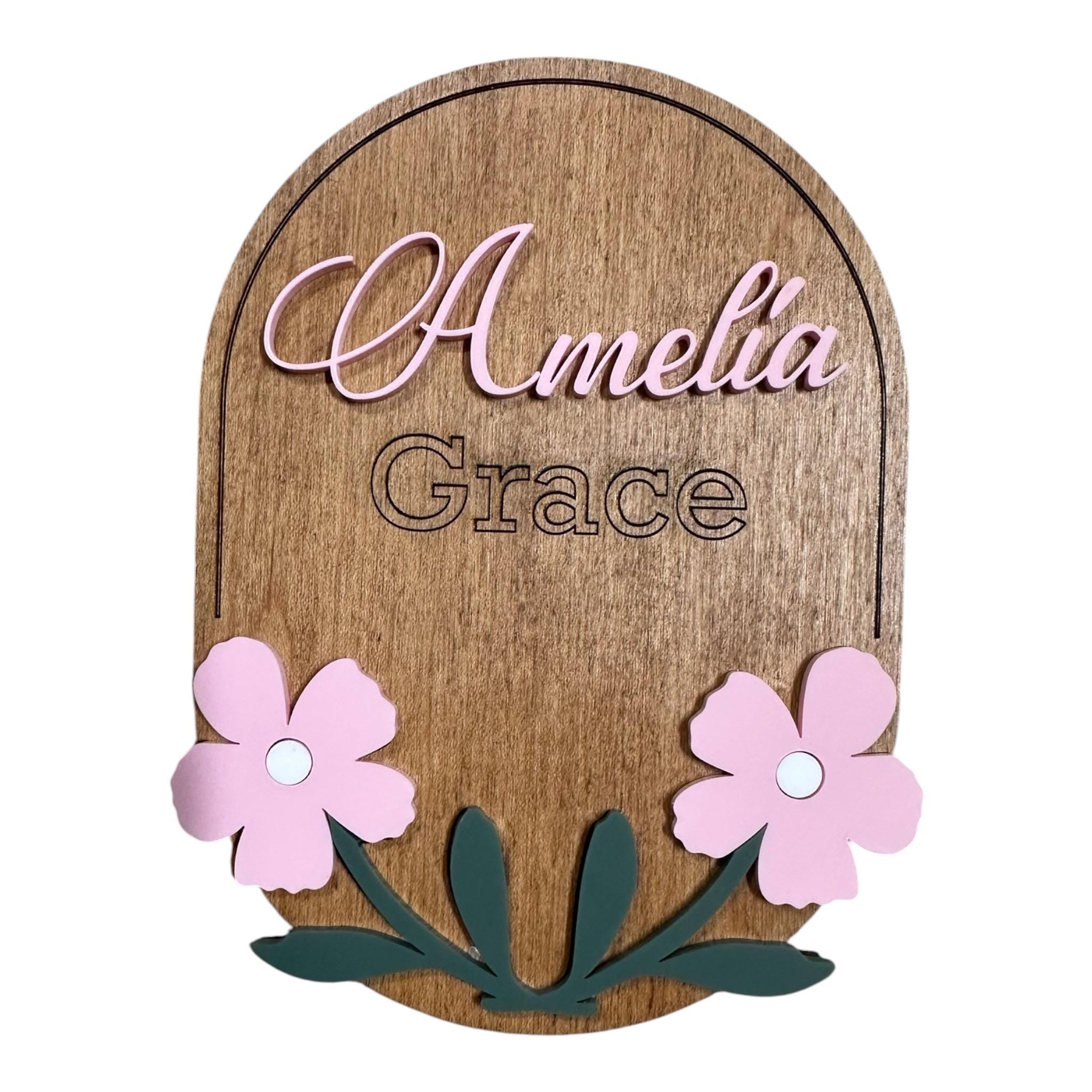 Personalized Floral Baby Name Sign | Maple Plywood Acrylic Plaque - Image 3