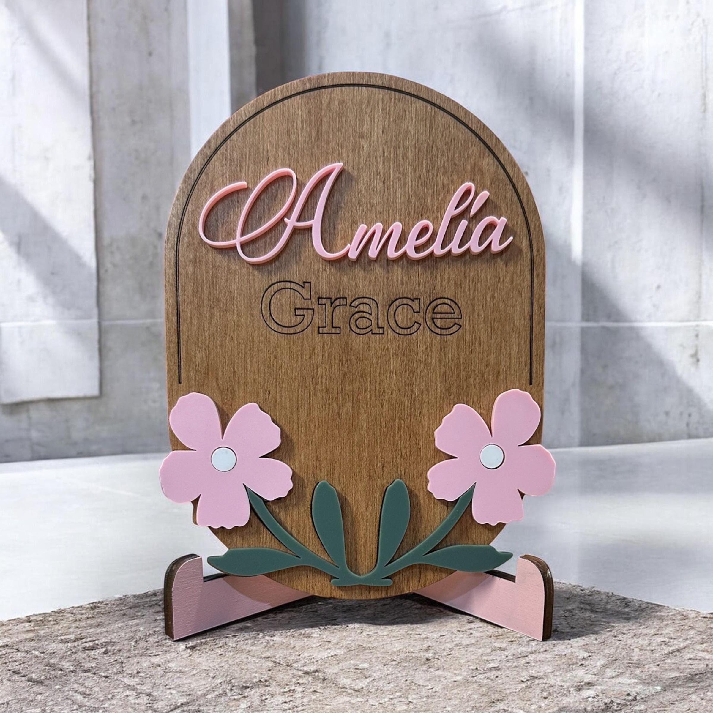Personalized Floral Baby Name Sign | Maple Plywood Acrylic Plaque