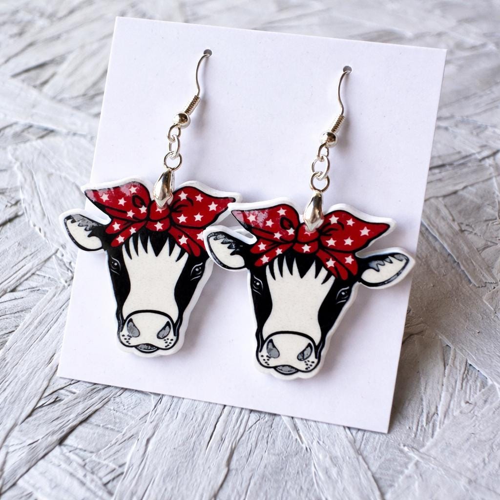 Western Cow Earrings, Red Bandana, Patriotic Farm Animal Jewelry, Acrylic Dangle