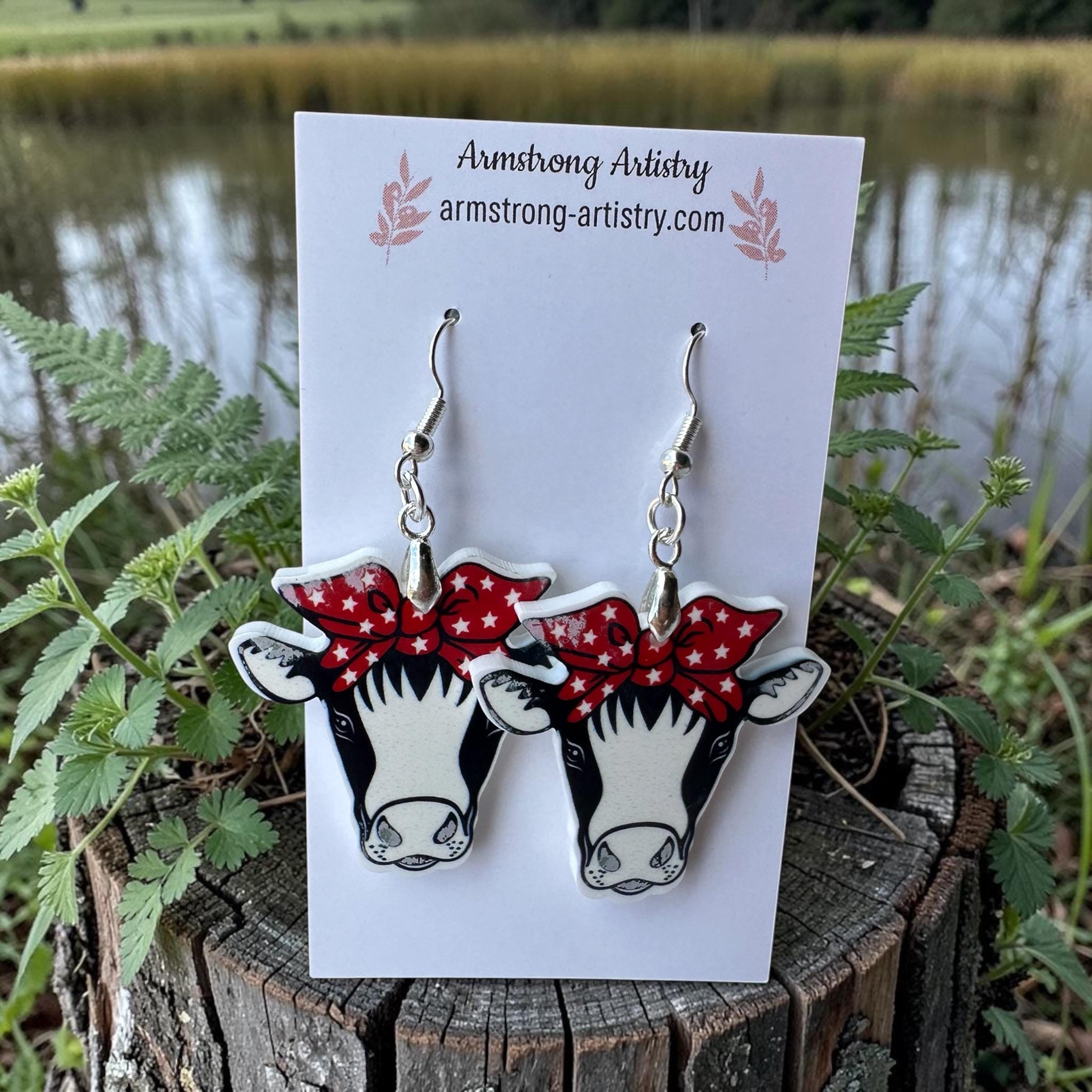 Western Cow Earrings, Red Bandana, Patriotic Farm Animal Jewelry, Acrylic Dangle - Image 8