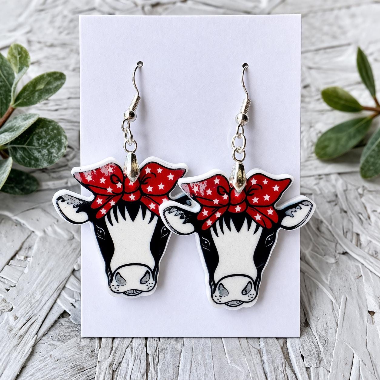 Western Cow Earrings, Red Bandana, Patriotic Farm Animal Jewelry, Acrylic Dangle - Image 2