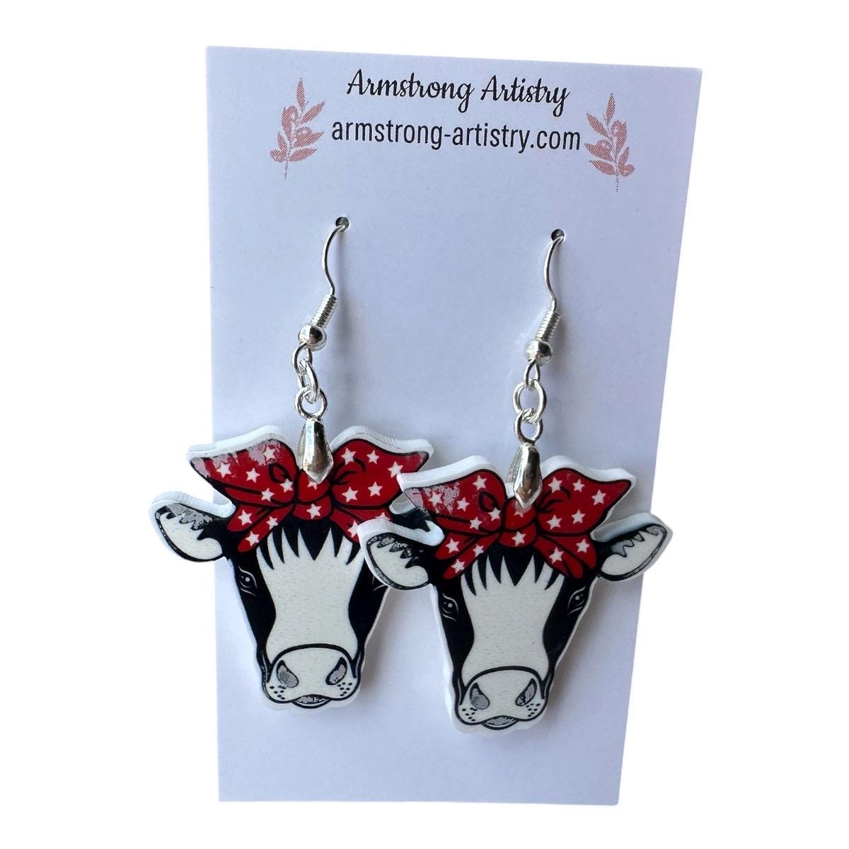 Western Cow Earrings, Red Bandana, Patriotic Farm Animal Jewelry, Acrylic Dangle - Image 10
