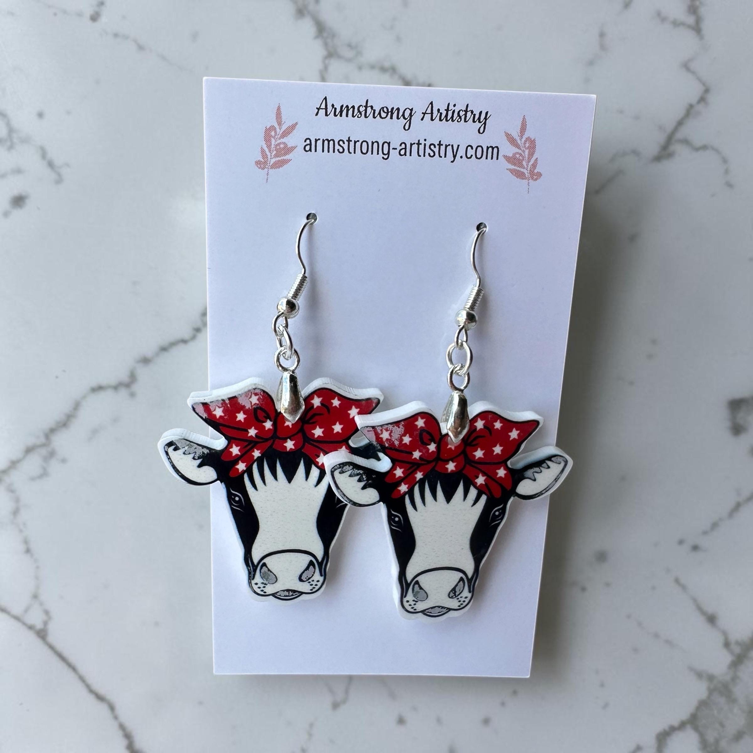 Western Cow Earrings, Red Bandana, Patriotic Farm Animal Jewelry, Acrylic Dangle - Image 11