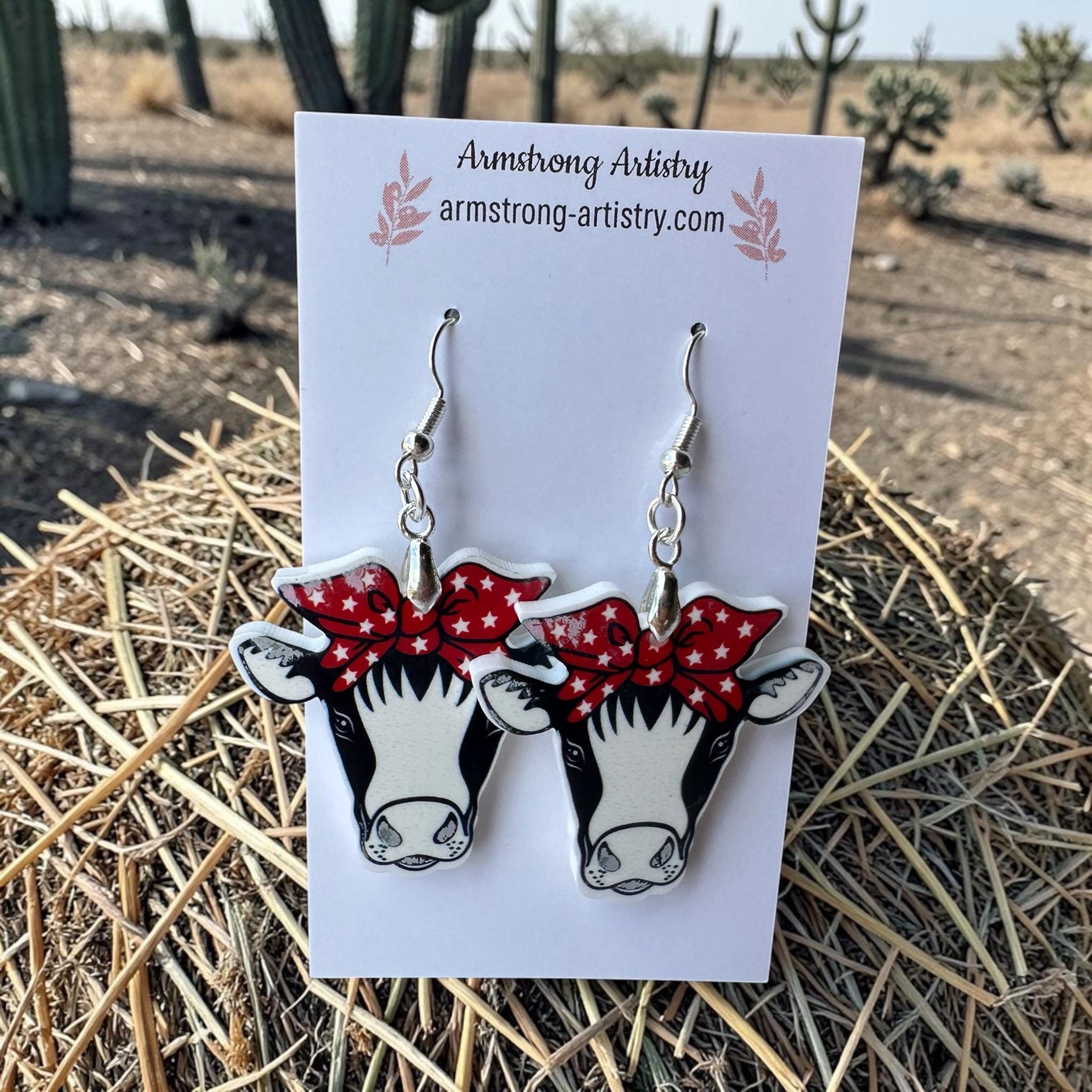 Western Cow Earrings, Red Bandana, Patriotic Farm Animal Jewelry, Acrylic Dangle - Image 13