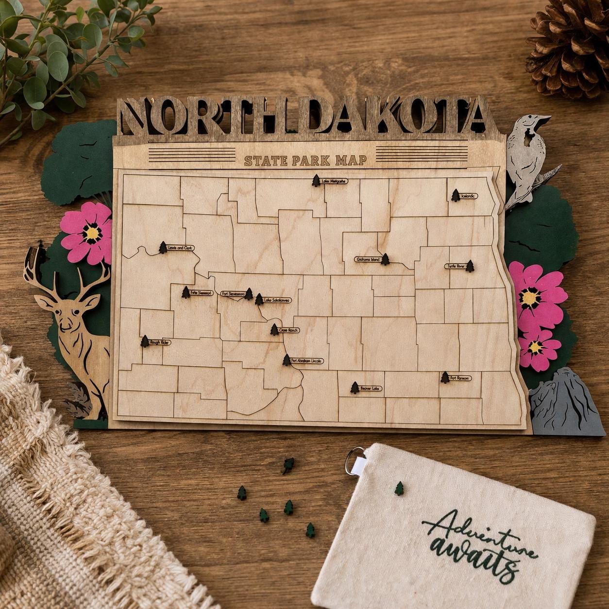 North Dakota State Park Map | Personalized Multi-Layer Wood Adventure Tracker (17x10x2) - Image 9