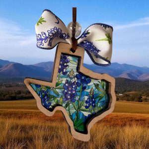 Bluebonnet Suncatcher: Texas State Ornament, Maple Wood, Floral Accent