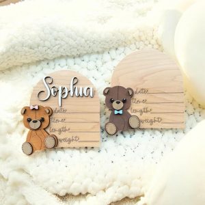 Personalized Bear Baby Announcement Sign: Wooden Birth Stats Photo Prop