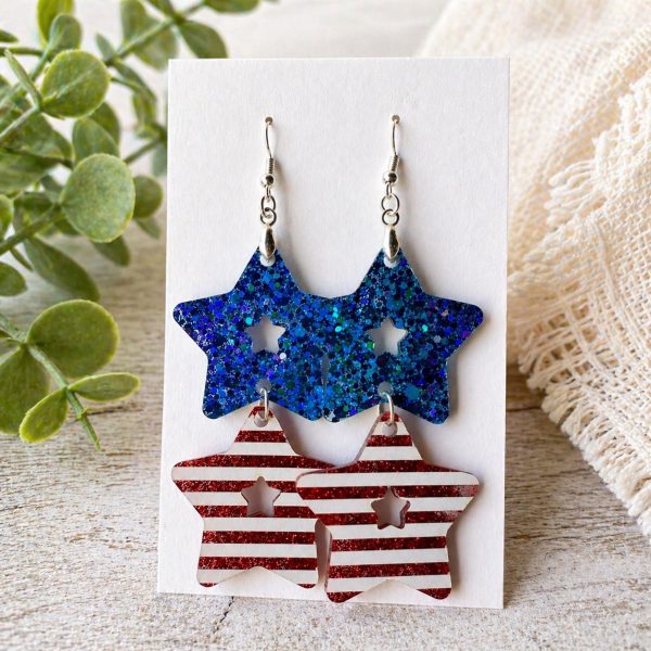 Glitter Star Dangle Earrings, Red White Blue Patriotic Acrylic Jewelry, Handmade in Texas