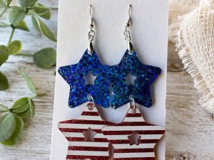 Glitter Star Dangle Earrings, Red White Blue Patriotic Acrylic Jewelry, Handmade in Texas