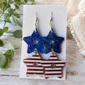 Glitter Star Dangle Earrings, Red White Blue Patriotic Acrylic Jewelry, Handmade in Texas