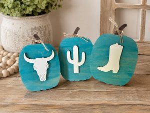 Turquoise Wooden Pumpkin Trio | Western Fall Shelf Sitter Decor