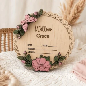 Personalized Baby Bloom Birth Announcement Sign, Floral Wood Keepsake Plaque, Hospital Photo Prop