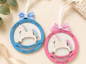 Personalized Baby Birth Ornament | Engraved Rocking Horse Keepsake, MDF Wood, Baby's First Christmas