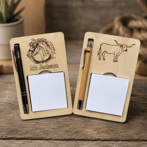 Personalized Maple Plywood Sticky Note Holder with Engraved Pen | Western Cowboy Desk Decor