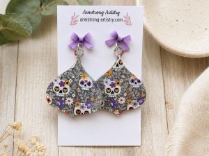 Sugar Skull Glitter Acrylic Earrings | Purple Bow Dangle | Día de los Muertos Statement Jewelry
