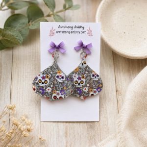 Sugar Skull Glitter Acrylic Earrings | Purple Bow Dangle | Día de los Muertos Statement Jewelry