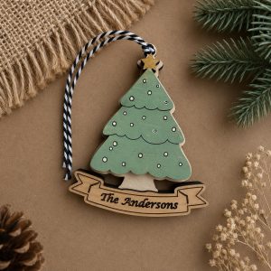 Personalized Family Christmas Tree Ornament | Layered Wood, Hand-Painted Decor