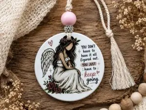 Inspirational Angel Ceramic Ornament, Encouragement Keepsake, Floral Design, Gift Card Included