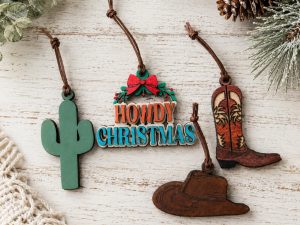 Western Christmas Ornaments | Hand Painted Cowboy Boot, Hat, Cactus, Howdy (4-Piece Set)