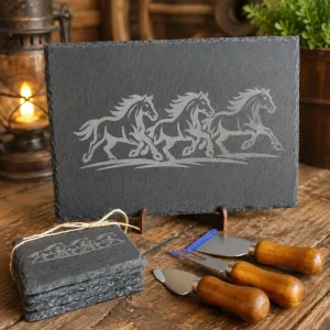 Personalized Running Horse Slate Cheese Board Set with Coasters, Utensils