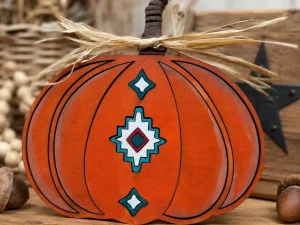 Hand Painted Southwestern Wooden Pumpkin | Rustic Fall Farmhouse Shelf Decor | Maple Plywood Autumn Decoration