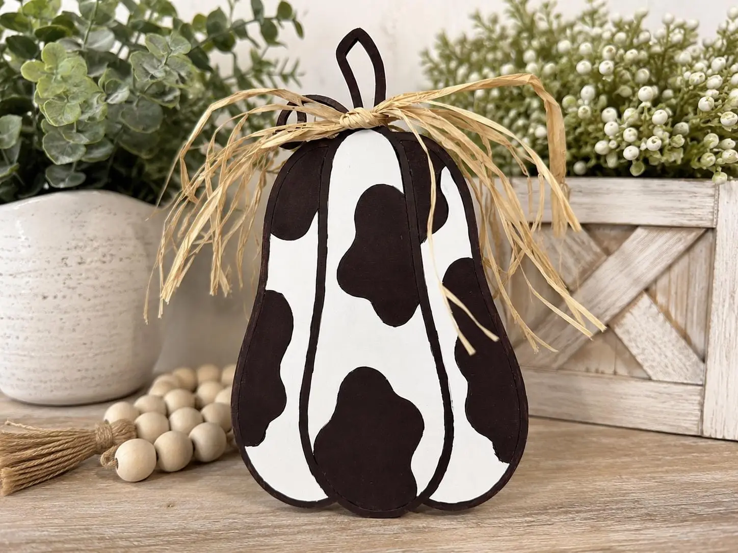 Hand-Painted Cow Print Pumpkin Shelf Sitter | Maple Plywood Farmhouse Fall Decor - Image 8