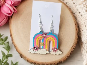 Handmade Rainbow Wooden Earrings | Colorful Boho Floral Dangle Earrings | Lightweight Gift for Her