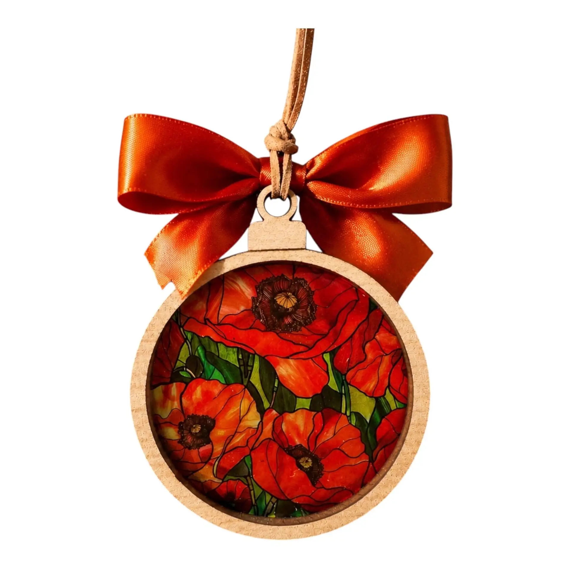 Red Poppy Suncatcher Ornament | Stained Glass Style Maple Wood Decor (3.75 Inch) - Image 2