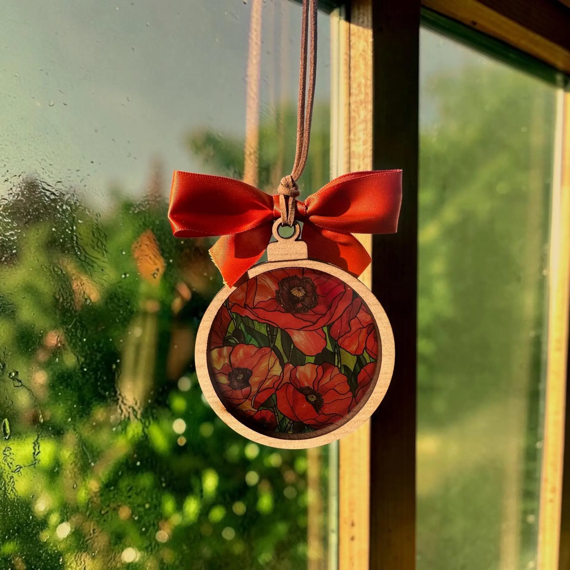 Red Poppy Suncatcher Ornament | Stained Glass Style Maple Wood Decor (3.75 Inch) - Image 4
