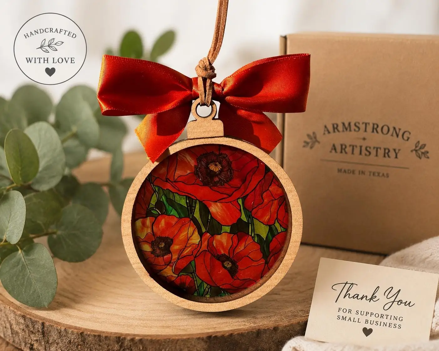 Red Poppy Suncatcher Ornament | Stained Glass Style Maple Wood Decor (3.75 Inch) - Image 11
