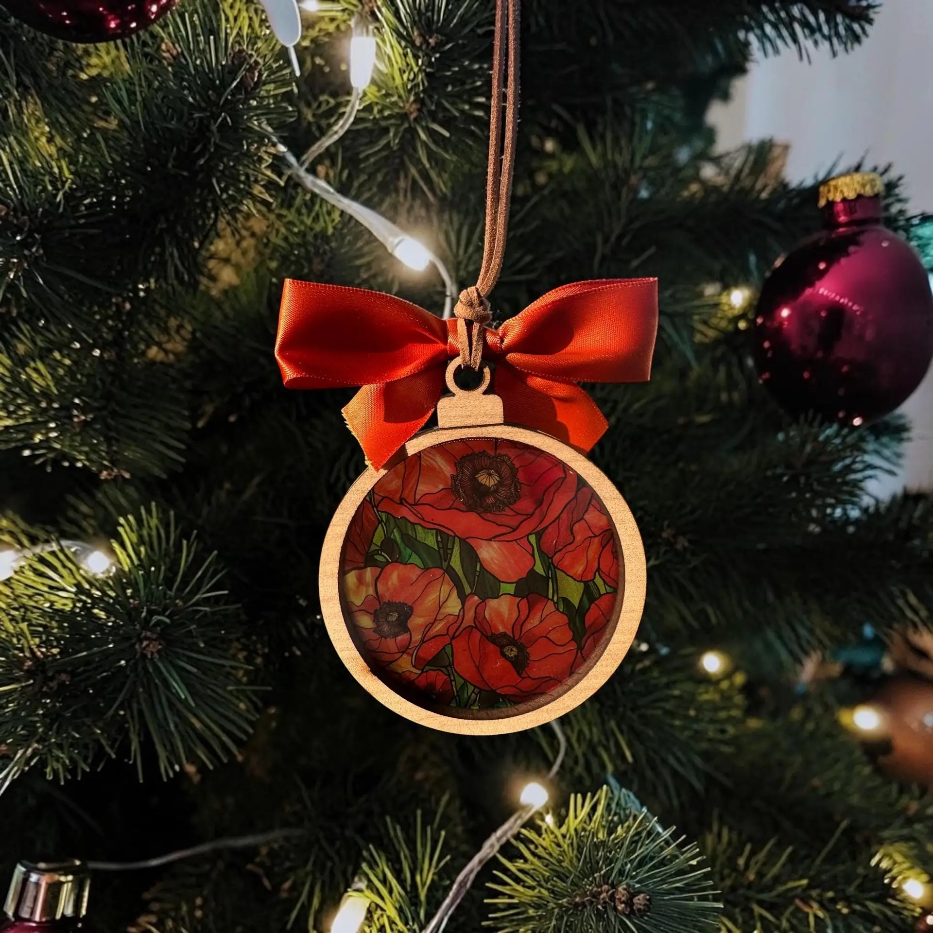 Red Poppy Suncatcher Ornament | Stained Glass Style Maple Wood Decor (3.75 Inch) - Image 3