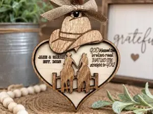 Personalized Western Couple Ornament, Maple Wood Heart, Cowboy Cowgirl Keepsake Gift