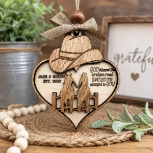 Personalized Western Couple Ornament, Maple Wood Heart, Cowboy Cowgirl Keepsake Gift