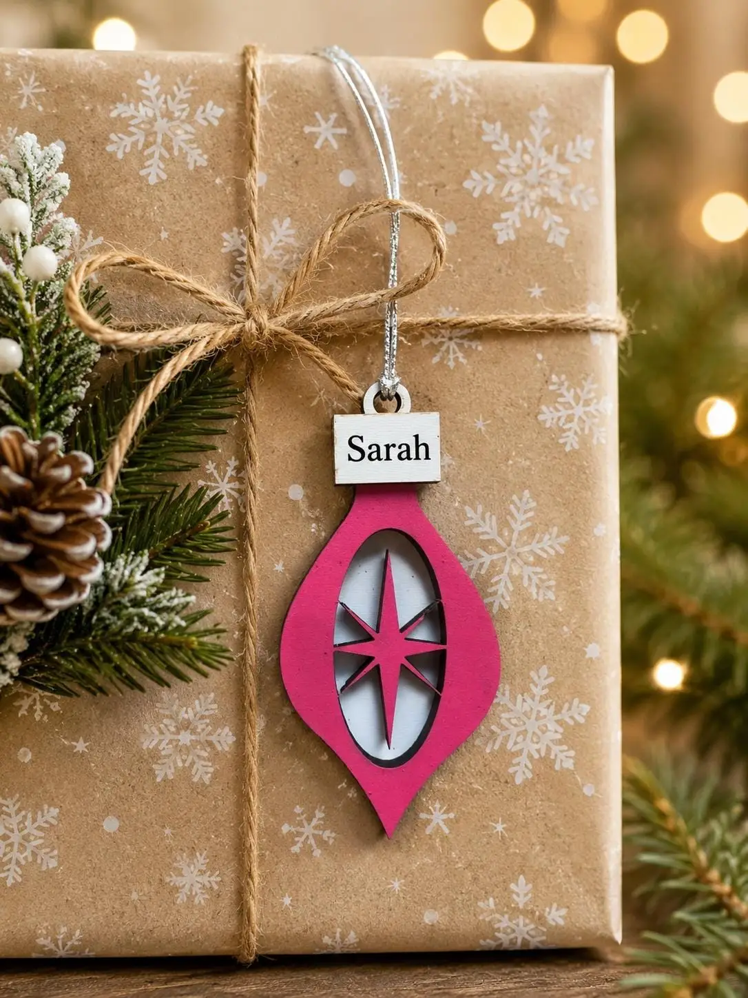 Personalized Retro Starburst Ornament, Hand Painted Maple Wood, Mid Century Christmas Decor - Image 2