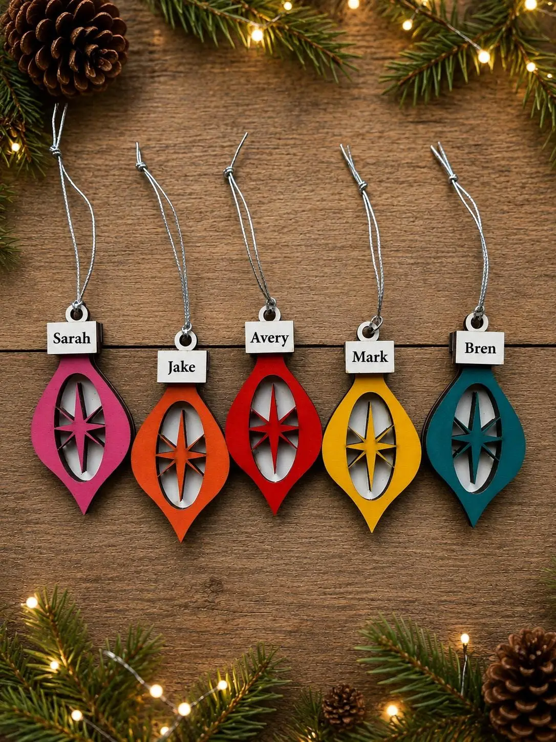 Personalized Retro Starburst Ornament, Hand Painted Maple Wood, Mid Century Christmas Decor - Image 4