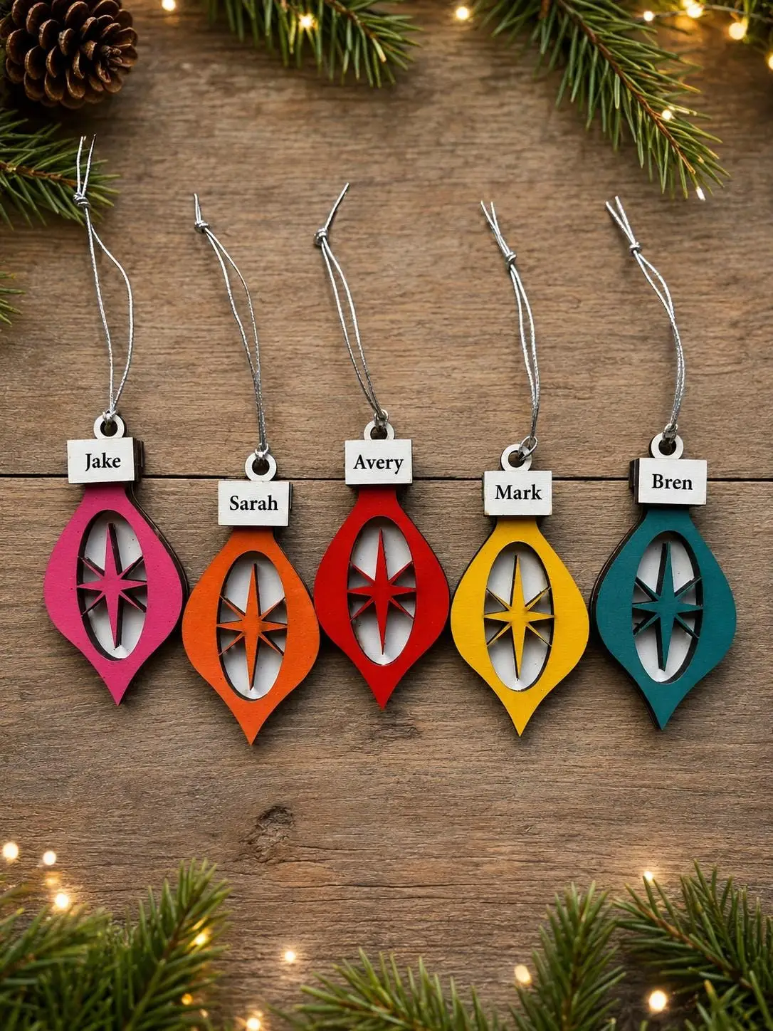 Personalized Retro Starburst Ornament, Hand Painted Maple Wood, Mid Century Christmas Decor - Image 6