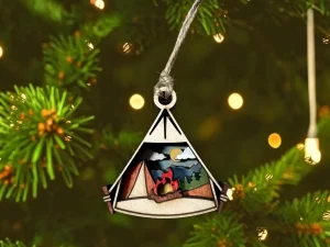 Mini Camping Ornament, Maple plywood, hand painted 2 inch, multi layer