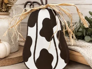 Hand-Painted Cow Print Pumpkin Shelf Sitter | Maple Plywood Farmhouse Fall Decor