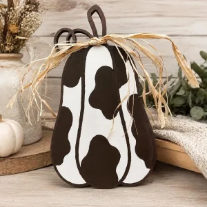 Hand-Painted Cow Print Pumpkin Shelf Sitter | Maple Plywood Farmhouse Fall Decor