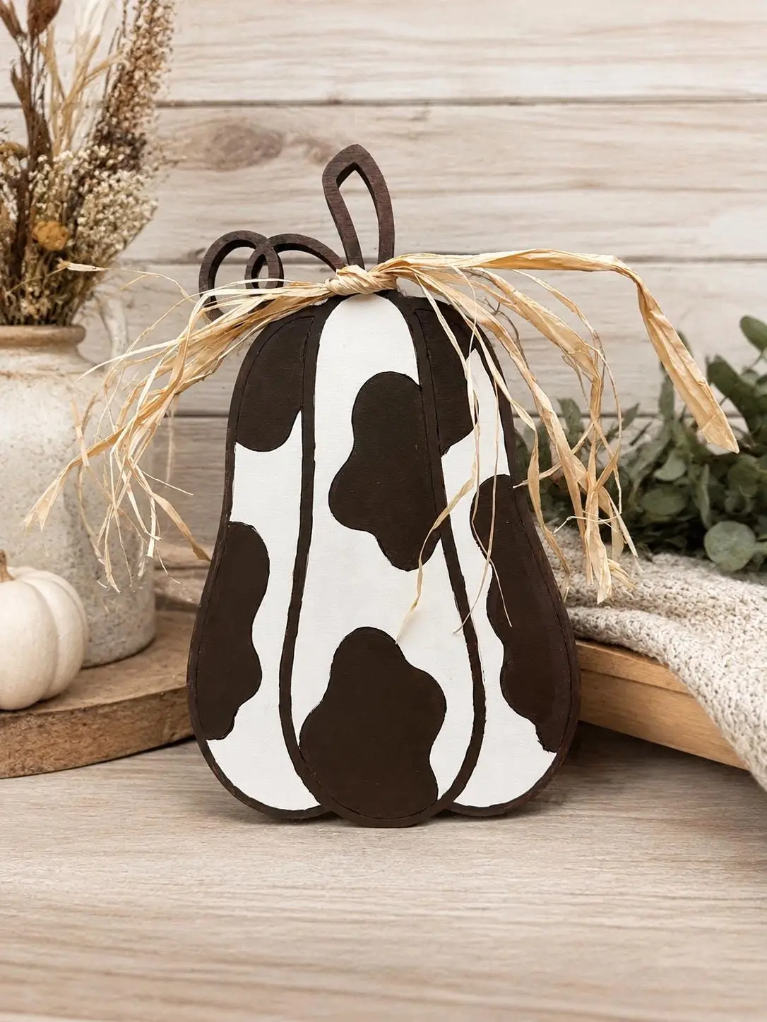 Hand-Painted Cow Print Pumpkin Shelf Sitter | Maple Plywood Farmhouse Fall Decor