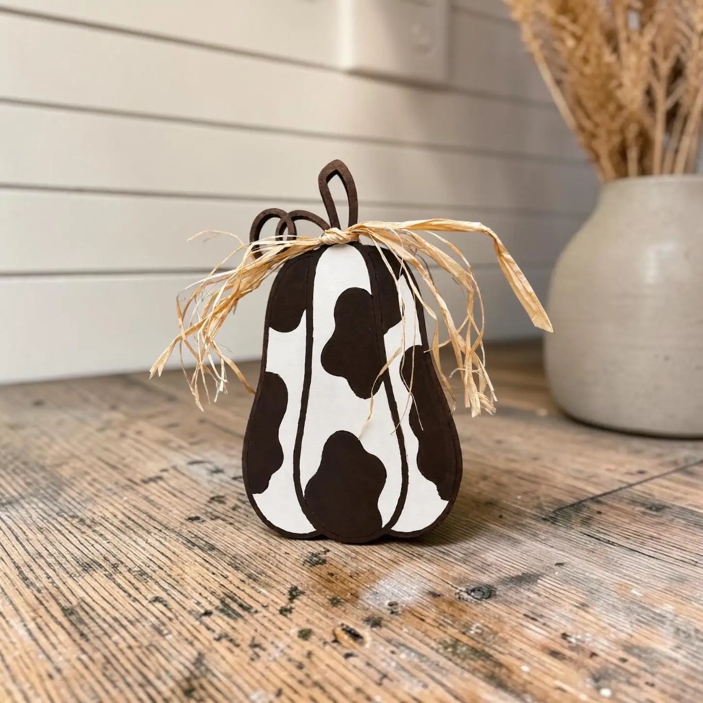 Hand-Painted Cow Print Pumpkin Shelf Sitter | Maple Plywood Farmhouse Fall Decor - Image 9